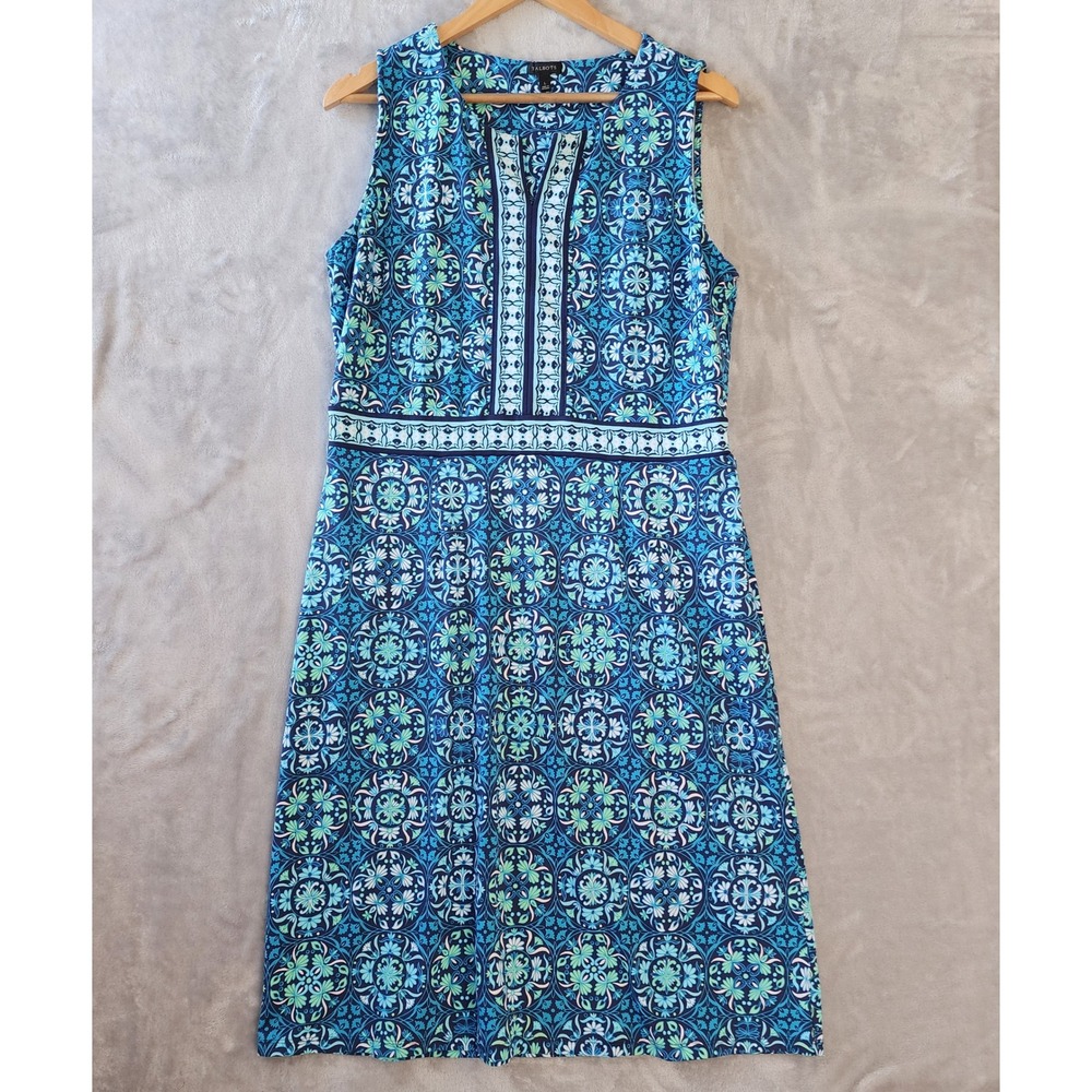 Talbots Dress Womens Size Large Blue Medallion Tile Print Jersey Knit Stretch